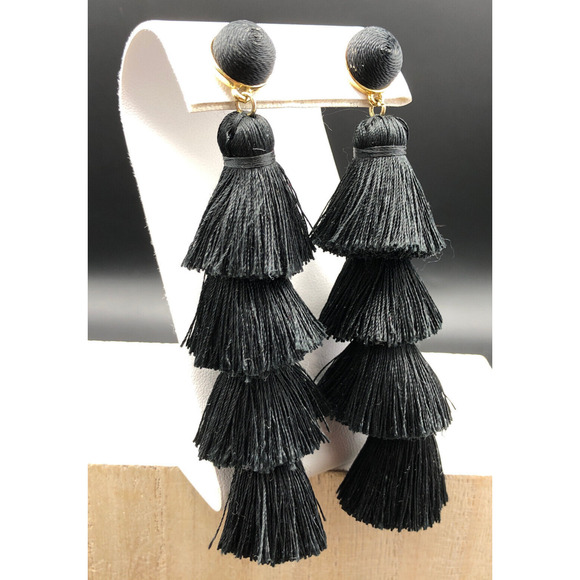 Baublebar Pierced Earrings Gabriela 4" Black Tiered Tassel Fringe Boho Dangles - Picture 2 of 6